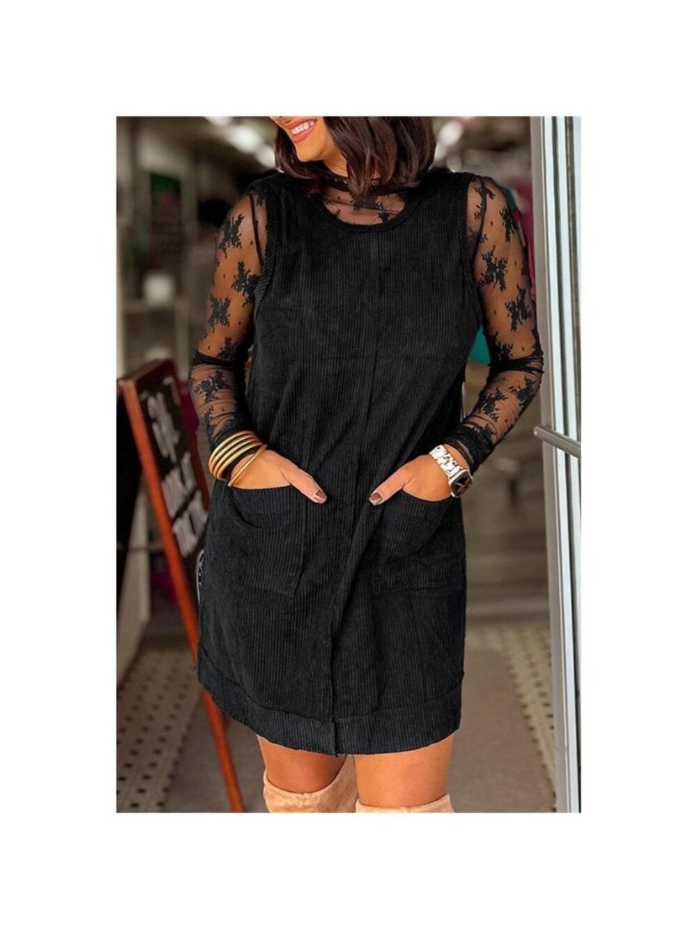 Corduroy Patch Pocket Sleeveless Mini Dress